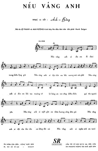 (*) Hình chụp bản nhạc “Nếu vắng anh” (nhà xuất bản Diên Hồng ấn hành trước 1975):