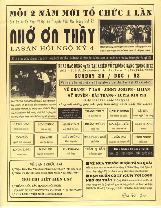 Cứ mỗi 2 năm một lần, TQB (Lasan Mossard) và các bạn Lasan thực hiện đêm nhạc Nhớ Ơn Thầy gây quỹ gửi về cho các frères già yếu đang sống ở quê nhà. Chương trình tổ chức được 4 kỳ: Kỳ 1 (1986), kỳ 2 (1988), kỳ 3 (1990) và kỳ 4 (1992). Mỗi kỳ đều có sự giúp đỡ nhiệt tình của Việt Dzũng (Lasan Taberd) và anh Ngọc Chánh chủ nhân vũ trường Ritz là học sinh Lasan Đức Minh.