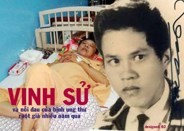 Nhạc sĩ Vinh Sử trên giường bịnh và ảnh phải là hình Vinh Sử thời trai trẻ