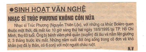 Một tài năng lớn của âm nhạc Việt Nam nhưng khi mất đi chỉ được đăng vỏn vẹn vài giòng trên một tờ nhật báo ở Saigon