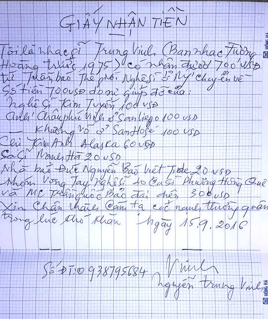 Biên nhận với chữ viết của nhạc sĩ Trung Vinh đã nhận 700$ từ các thân hữu từ Mỹ gửi về